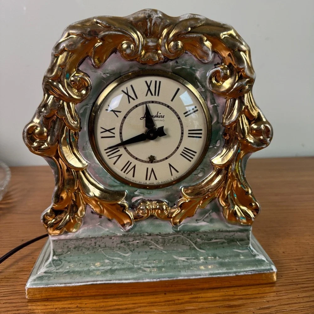 Lanshire Self Starting Mantle Clock Blue Marble‎ Gold Trim Ceramic